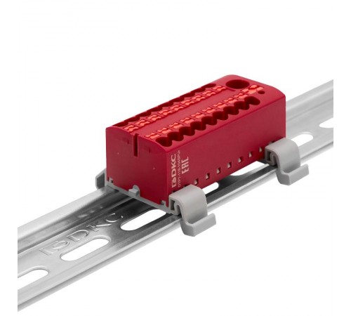 Блок распределительный с гориз. адапт. на рейку шириной 35мм, зажим push-in, 1 ввод 6 кв.мм, 18 точки подкл. 2,5 кв.мм, красный  DTP1-118-104SPUR-H 