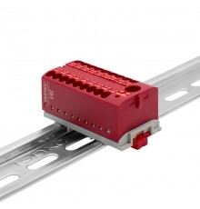 Блок распределительный с верт. адаптером на рейки  15/35мм, зажим push-in, 1 ввод 6 кв.мм, 18  подкл. 2,5 кв.мм, красный  DTP1-118-104SPUR-V  DKC