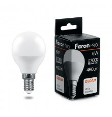 Лампа светодиодная .PRO LB-1406 Шарик E14 6W 2700K OSRAM LED  38065  Feron