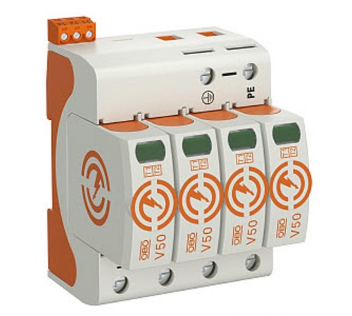Устройства защиты от импульсных перенапряжений УЗИП для силовых сетей 4 пол. (Класс I+II), 280 В (V50-4+FS-280)  5093518  OBO Bettermann