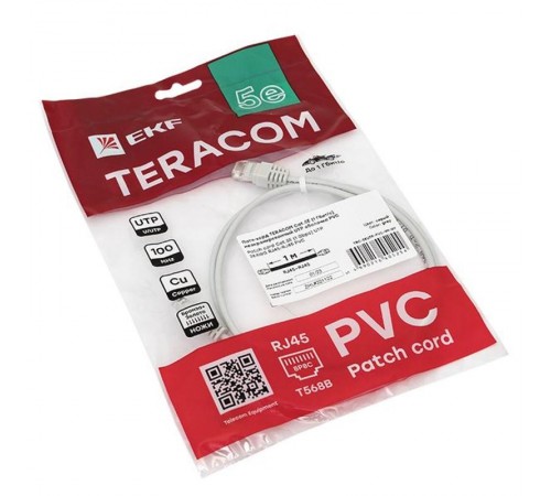 Патч-корд TERACOM Cat.5E (1Гбит/с) неэкранированный UTP оболочка PVC серый (1м)  TRC-5EUTP-PVC-1M-GY  EKF