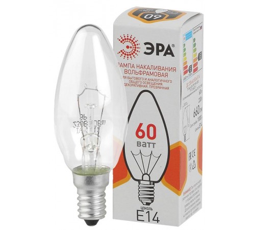 Лампа накаливания ЛОН ДС 60-230-E14-CL  (B36) свечка 60Вт 230В E14 цв. упаковка  Б0039129  ЭРА