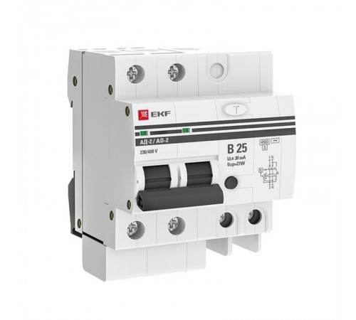 Выключатель автоматический дифференциального тока АД-2 25А/30мА (характеристика В, АС, электронный, защита 270В) 4,5кА PROxima  DA2-25B-30-pro  EKF
