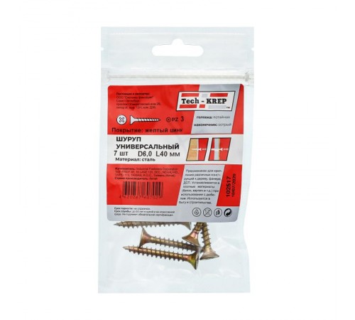 Саморез ШУж 6,0х40 пот. гол. (7 шт) - пакет ( 0,035 кг)  102517  Tech-KREP