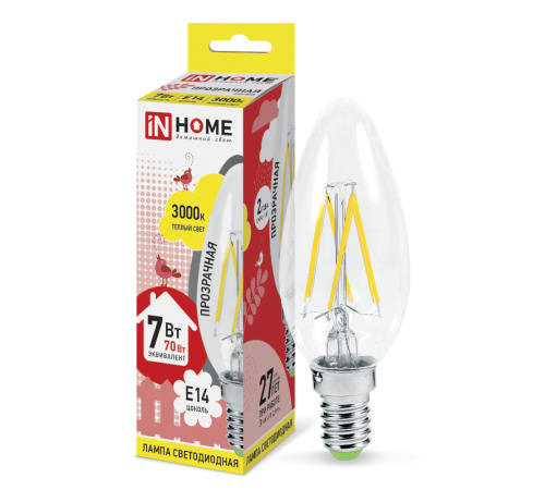 Лампа светодиодная LED-СВЕЧА-deco 7Вт 230В Е14 3000К 630Лм прозр  4690612007601  IN HOME