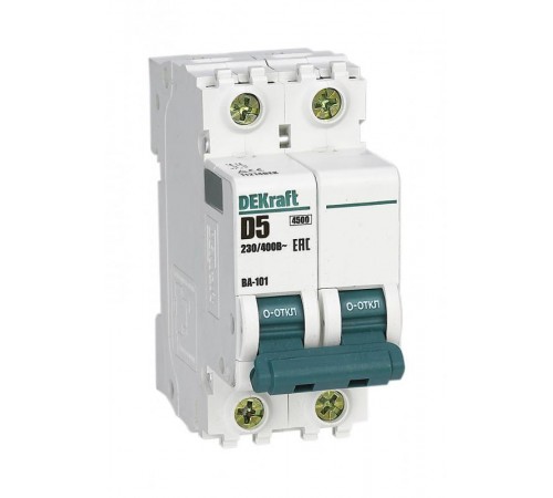 Выключатель автоматический двухполюсный ВА-101 2Р 5А характеристика D 4,5кА  11214DEK  DEKraft
