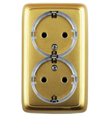 Розетка открытой установки, двухместная, с заземляющим контактом, цвет золото  РА16-181-07  HEGEL