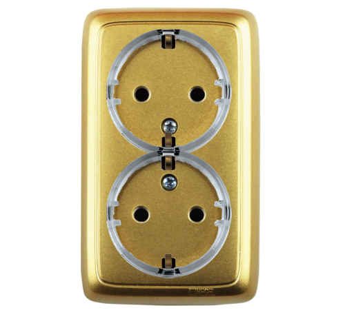 Розетка открытой установки, двухместная, с заземляющим контактом, цвет золото  РА16-181-07  HEGEL