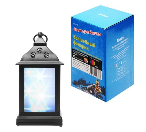 Фонарь с диодов  гирляндой внутри   ULD-L1122-010/DTB/RGB/3D BLACK , на батарейке, 10 диодов, RGB черный корпус 11*22 см  UL-00002311  Uniel