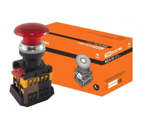 Кнопка AELA-22 "Грибок" красный d22мм неон/230В 1з+1р   SQ0704-0013  TDM