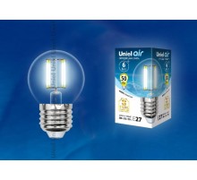 Лампа светодиодная LED-G45-6W/NW/E27/CL GLA01TR LED. "шар", прозр серия Air. 4000K  UL-00002208  Uniel