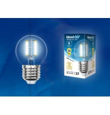 Лампа светодиодная LED-G45-6W/NW/E27/CL GLA01TR LED. "шар", прозр серия Air. 4000K  UL-00002208  Uniel