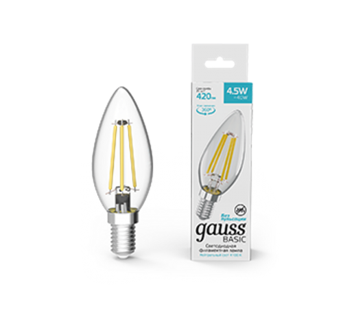 Лампа светодиодная Basic Filament Свеча 4,5W 420lm 4100К Е14 LED 1/10/50  1031215  Gauss