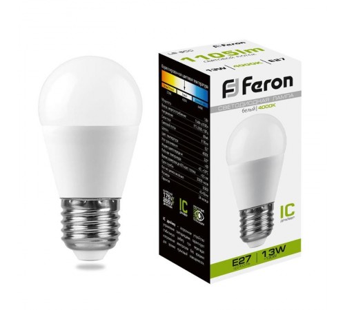 Лампа светодиодная, (13W) 230V E27 4000K G45, LB-950  38105  FERON