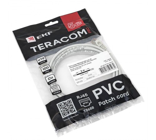 Патч-корд TERACOM Cat.5E (1Гбит/с) неэкранированный UTP оболочка PVC серый (3м)  TRC-5EUTP-PVC-3M-GY  EKF