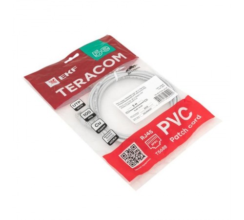 Патч-корд TERACOM Cat.5E (1Гбит/с) неэкранированный UTP оболочка PVC серый (3м)  TRC-5EUTP-PVC-3M-GY  EKF
