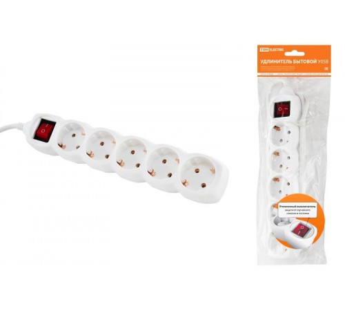 Удлинитель бытовой  У05В выключатель, 5 гнезд, 1,5метра, с заземлением, ПВС 3х1мм2  16А/250В   SQ1303-0120  TDM
