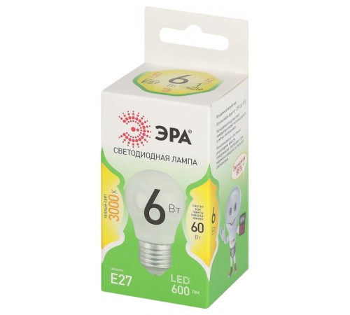 Лампа светодиодная  GREEN LINE LED P45-6W-830-E27 GL E27 6 Вт шар теплый свет  Б0067053  ЭРА