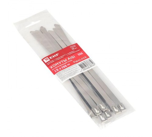 Хомут AISI 304 из нержавеющей стали, 7.9x200 (10 шт.) FlexLock PROxima  plc-fl-tss-304-7.9x200-r  EKF