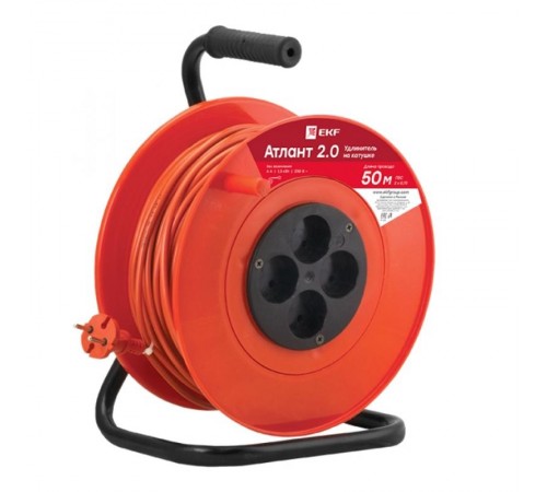 Удлинитель на катушке "Атлант 2.0" 4 гнезда 50м без заземления  ПВС 2*0,75 6А/1,3кВт PROxima  UKA02-06-275-4-50  EKF
