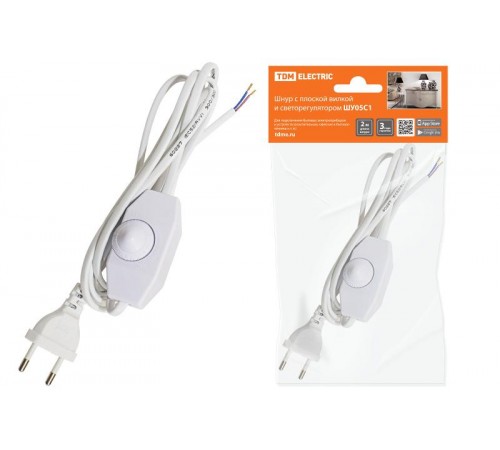 Шнур с плоской вилкой и светорегулятором ШУ05С1 (200Вт, RL) ШВВП 2х0,75мм2 2м. белый  SQ1305-0051  TDM