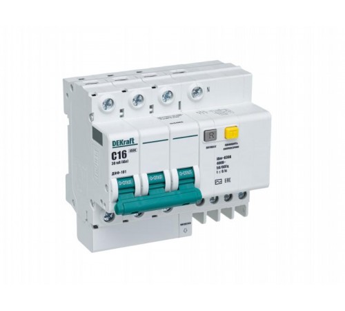 Выключатель автоматический дифференциального тока со встроенной защитой от сверхтоков ДИФ-101 3P+N 16А 30мА AC С  15184DEK  DEKraft
