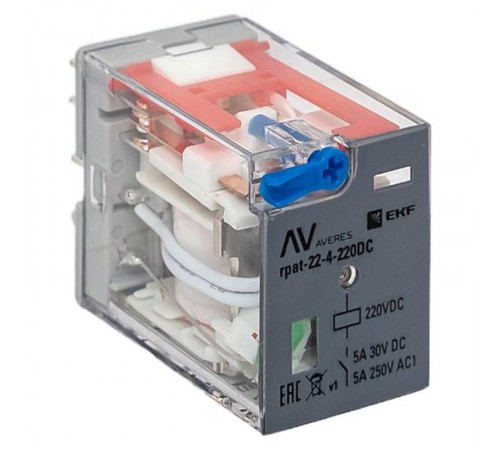 Реле промежуточное с кнопкой и мех. Индикацией RPAt 22/4 5A 220В DC  rpat-22-4-220DC   EKF
