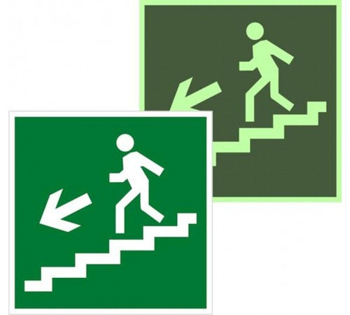 Знак эвакуационный E 14 "Направление к эвакуационному выходу по лестнице вниз налево" 200х200 мм,  an-e-14-f  EKF