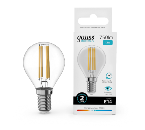 Лампа светодиодная   Filament Elementary Шар 12W 750lm 4100К Е14 LED 1/10/100  52122  Gauss