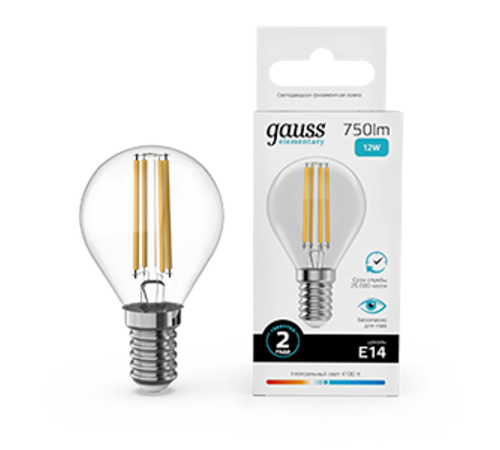 Лампа светодиодная   Filament Elementary Шар 12W 750lm 4100К Е14 LED 1/10/100  52122  Gauss