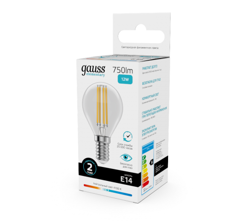 Лампа светодиодная   Filament Elementary Шар 12W 750lm 4100К Е14 LED 1/10/100  52122  Gauss