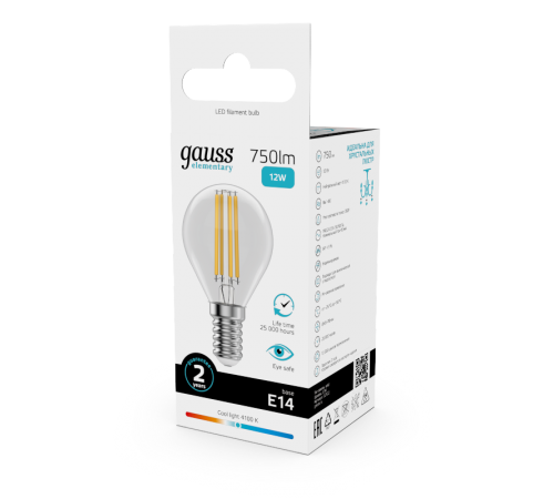 Лампа светодиодная   Filament Elementary Шар 12W 750lm 4100К Е14 LED 1/10/100  52122  Gauss
