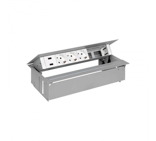 Simon S400 Врезной розеточный блок с крыш. и мет.вводом, 3x2P+E, 2xUSB заряд. уст.,2 пустых модуля алюм., S400  45623000-133  Simon