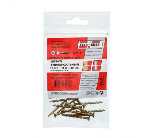 Саморез ШУж 4,0х40 пот. гол. (15 шт) - пакет ( 0,034 кг)  102493  Tech-KREP