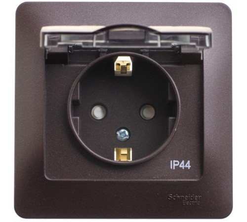 Glossa Шоколад Розетка с заземлением со шторками с крышкой, 16А, IP44 (в сборе)  GSL000848  SE