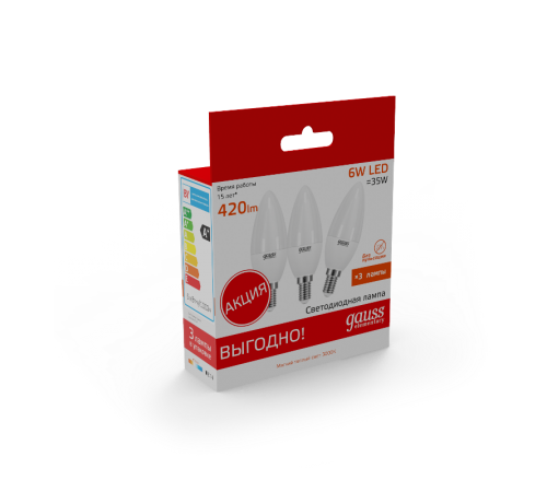 Лампа светодиодная Elementary Свеча 6W 420lm 3000K E14 (3 лампы в упаковке) LED 1/40  33116T  Gauss