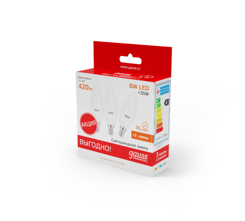 Лампа светодиодная Elementary Свеча 6W 420lm 3000K E14 (3 лампы в упаковке) LED 1/40  33116T  Gauss