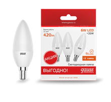 Лампа светодиодная Elementary Свеча 6W 420lm 3000K E14 (3 лампы в упаковке) LED 1/40  33116T  Gauss