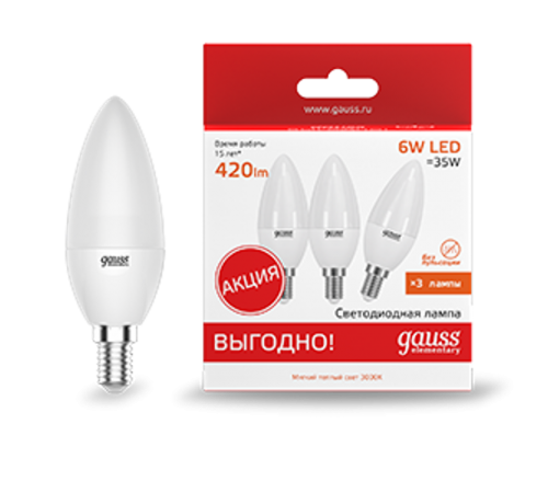 Лампа светодиодная Elementary Свеча 6W 420lm 3000K E14 (3 лампы в упаковке) LED 1/40  33116T  Gauss