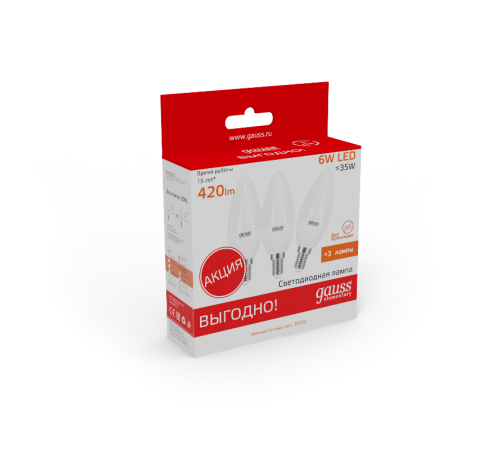 Лампа светодиодная Elementary Свеча 6W 420lm 3000K E14 (3 лампы в упаковке) LED 1/40  33116T  Gauss