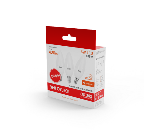 Лампа светодиодная Elementary Свеча 6W 420lm 3000K E14 (3 лампы в упаковке) LED 1/40  33116T  Gauss