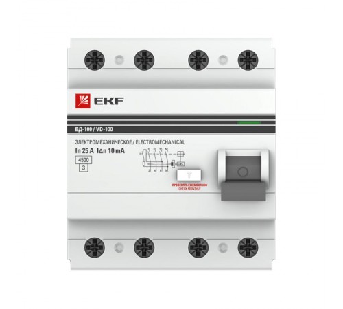 Выключатель дифференциальный (УЗО) ВД-100 4п 16А 30мА (тип АС, эл-мех) PROximа  elcb-4-16-30-em-pro  EKF (замена - E1046M1630)