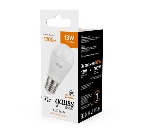 Лампа светодиодная   Basic Шар 13W 1200lm 3000K E27 LED 1/10/100  10502132  Gauss