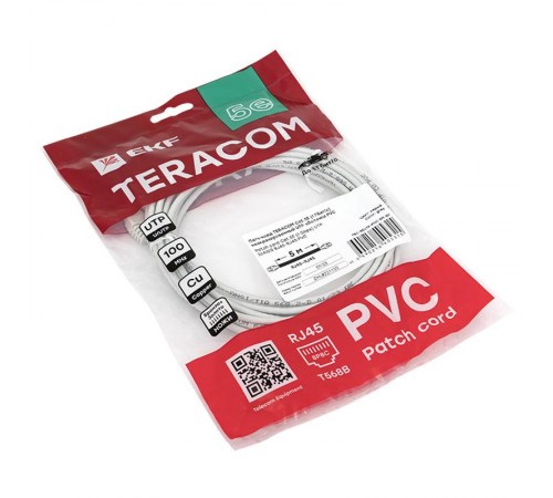Патч-корд TERACOM Cat.5E (1Гбит/с) неэкранированный UTP оболочка PVC серый (5м)  TRC-5EUTP-PVC-5M-GY  EKF