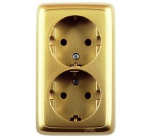 Розетка открытой установки, двухместная, с заземляющим контактом, со шторками, цвет золото  РА16-152-07  HEGEL