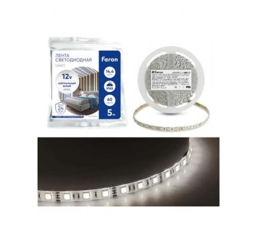 Лента светодиодная, 60SMD(5050)/m 14.4W/m 12V 5m 4000К, LS607 FERON  48290  FERON