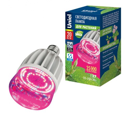 Лампа светодиодная LED-M80-20W/SP/E27/CL ALS55WH LED для растений, IP54. "M", прозрачная колба. Материал корпуса алюминий. Упаковка .  11098  Uniel