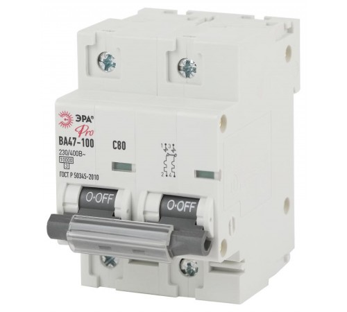 Выключатель автоматический двухполюсный NO-902-277 ВА47-100 2Р 80А 10 кА кривая С (6/60/1500) Pro  Б0048867  ЭРА
