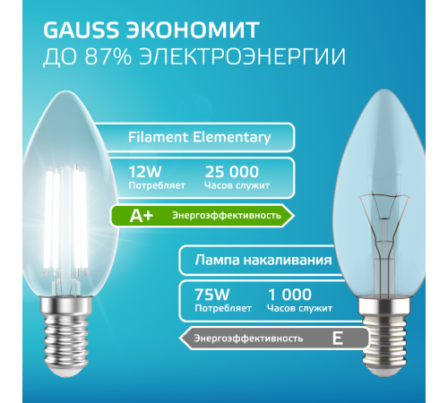 Лампа светодиодная   Filament Elementary Свеча 12W 750lm 4100К Е14 LED 1/10/100  32122  Gauss