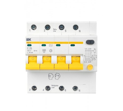 Выключатель автоматический дифференциального тока АД14 4п 25А C 30мА тип AC (5 мод)  MAD10-4-025-C-030  IEK